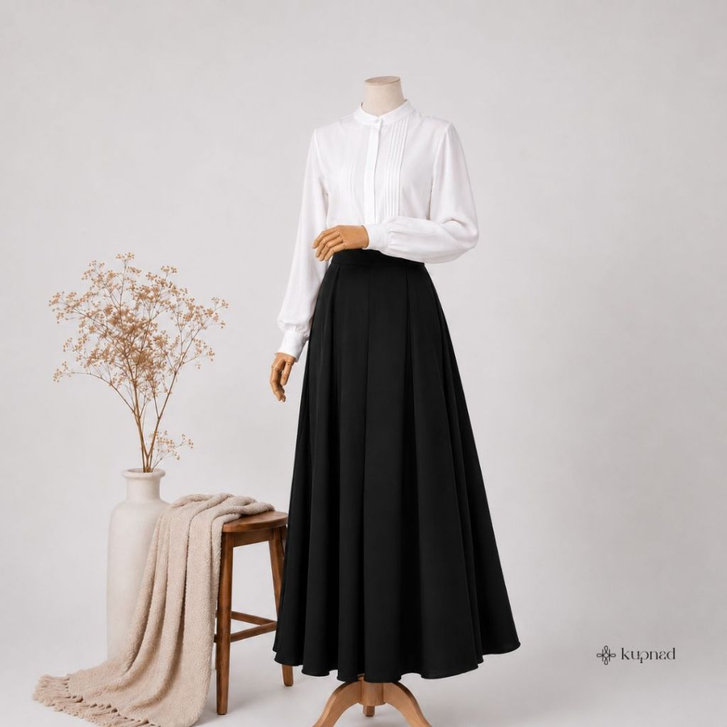 Rok Hitam Wanita Panjang A-Line Flare Premium | Ada Saku, Pinggang Karet, Ukuran Standar & Jumbo by KUPNAD