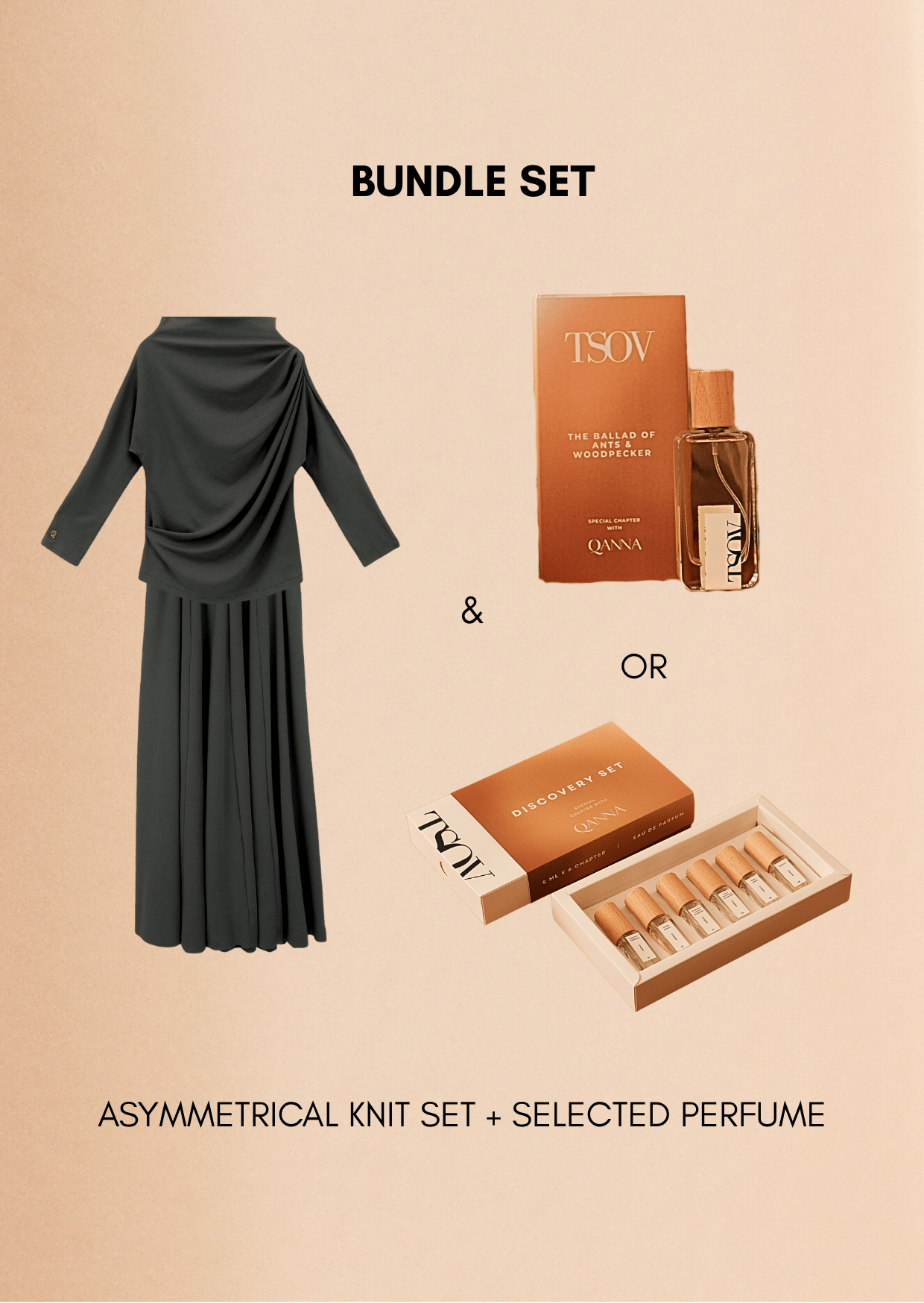 QANNA X TSOV - The Fifth Sense | Bundle Set Asymmetrical Knit Set & Perfume EDP Chapter 3 50ml / Discovery Set 6x5ml