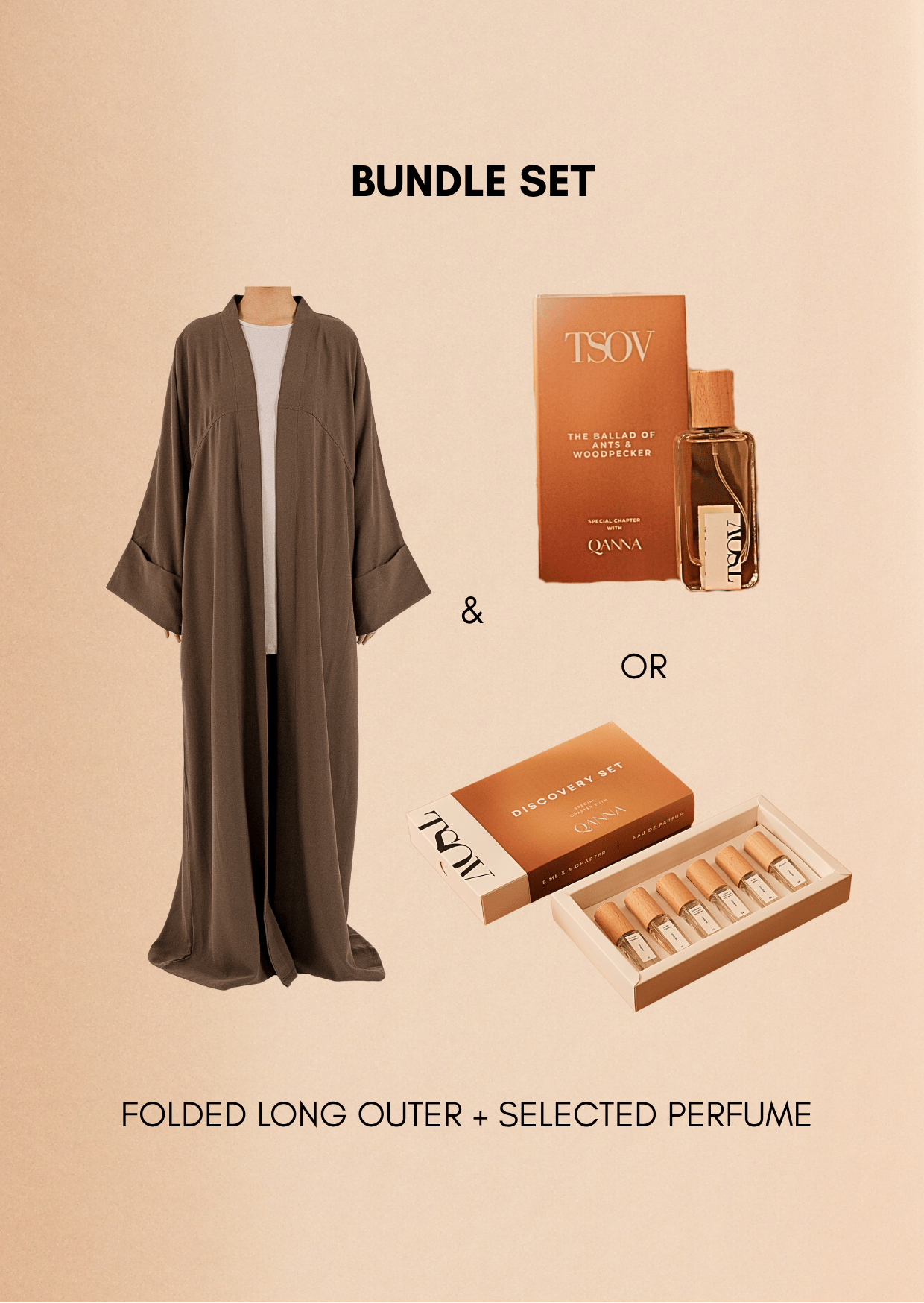 QANNA X TSOV - The Fifth Sense | Folded Long Outer & Perfume EDP Chapter 3 50ml / Discovery Set 6x5ml Bundle Set
