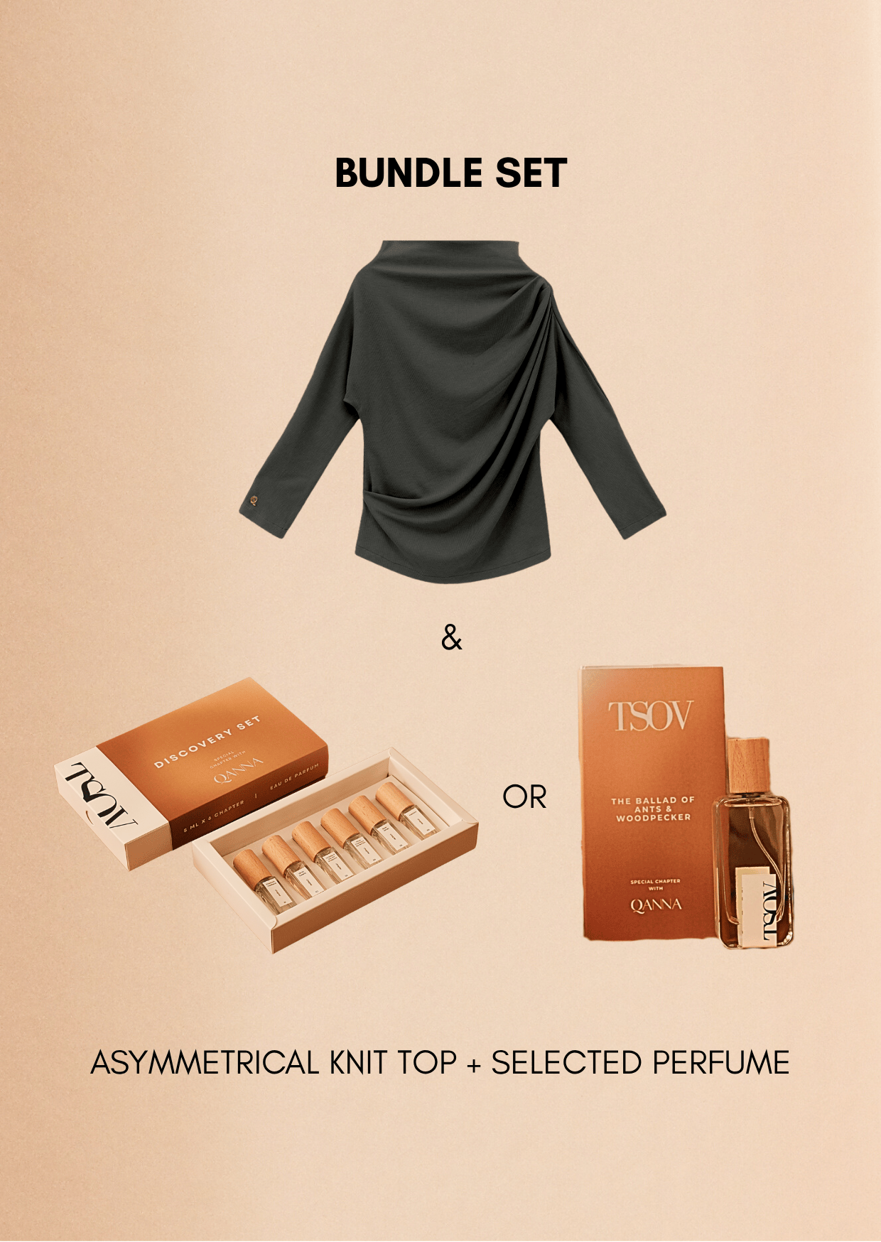 QANNA X TSOV - The Fifth Sense | Bundle Set Asymmetrical Knit Top & Perfume EDP Chapter 3 50ml / Discovery Set 6x5ml