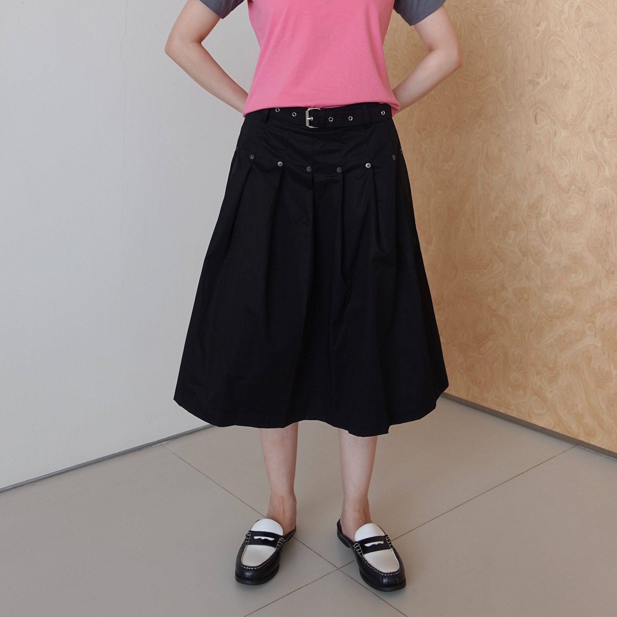 Rivet Belted Skirt in Black