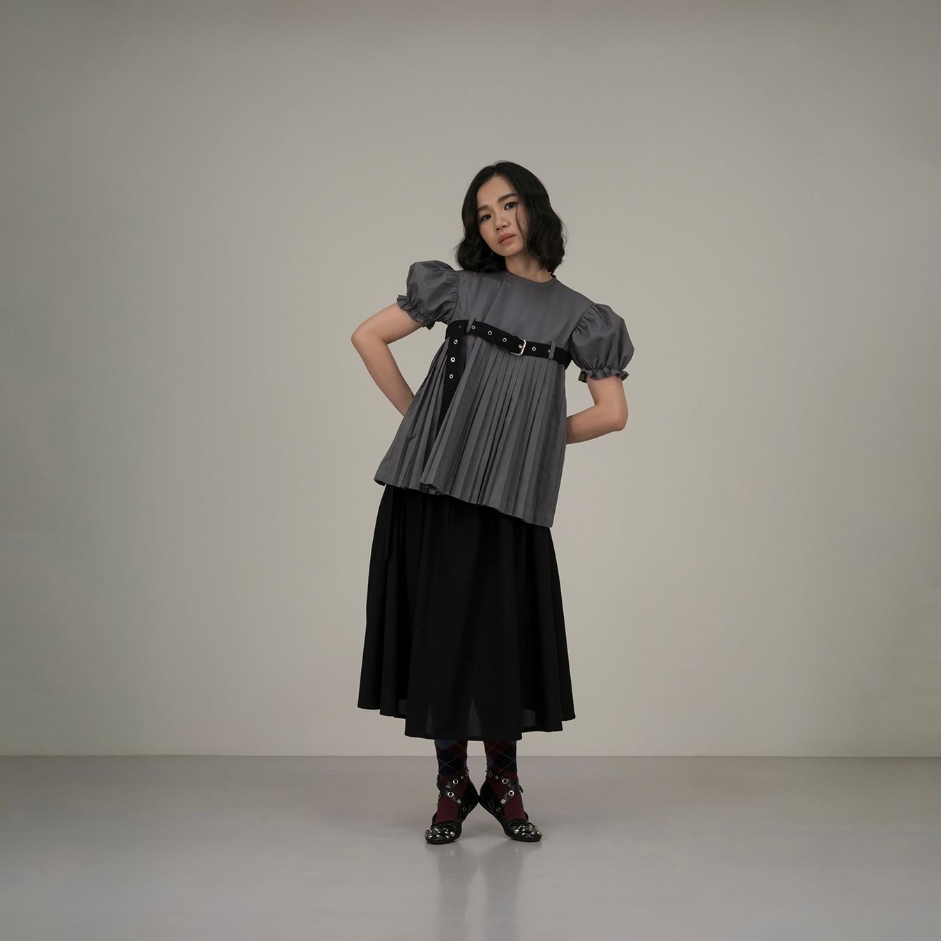 Belted Puff Pleated Top in Grey