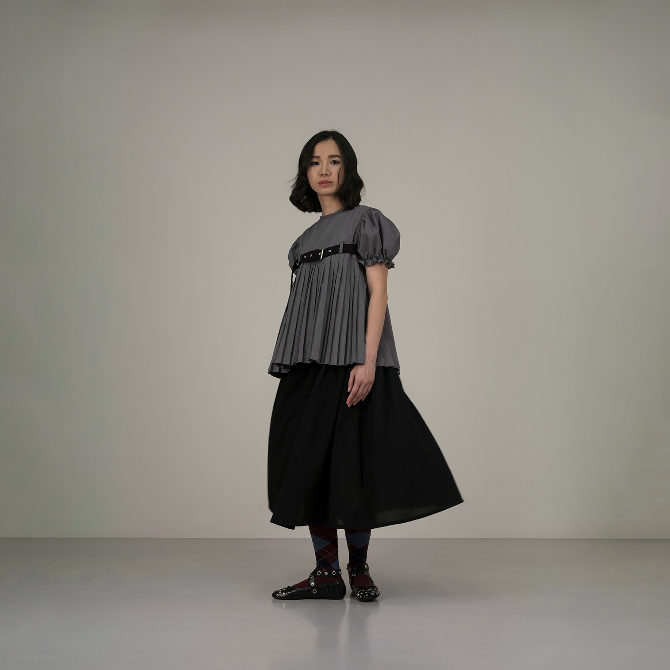 Belted Puff Pleated Top in Grey