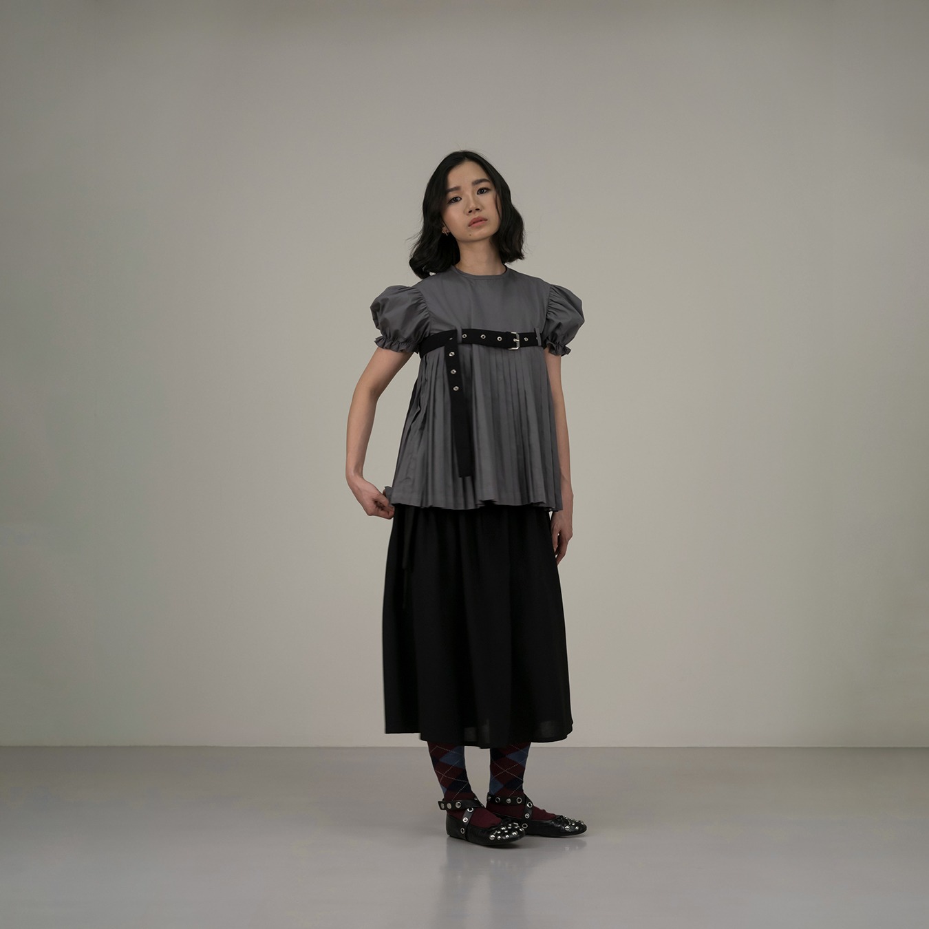 Belted Puff Pleated Top in Grey