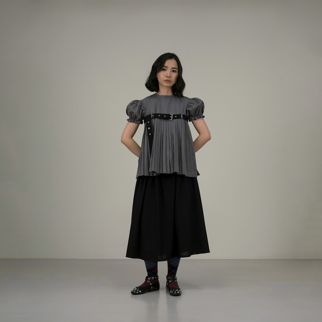 Belted Puff Pleated Top in Grey