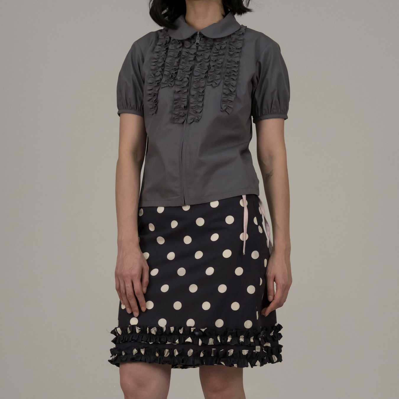Frill Zip Top in Grey