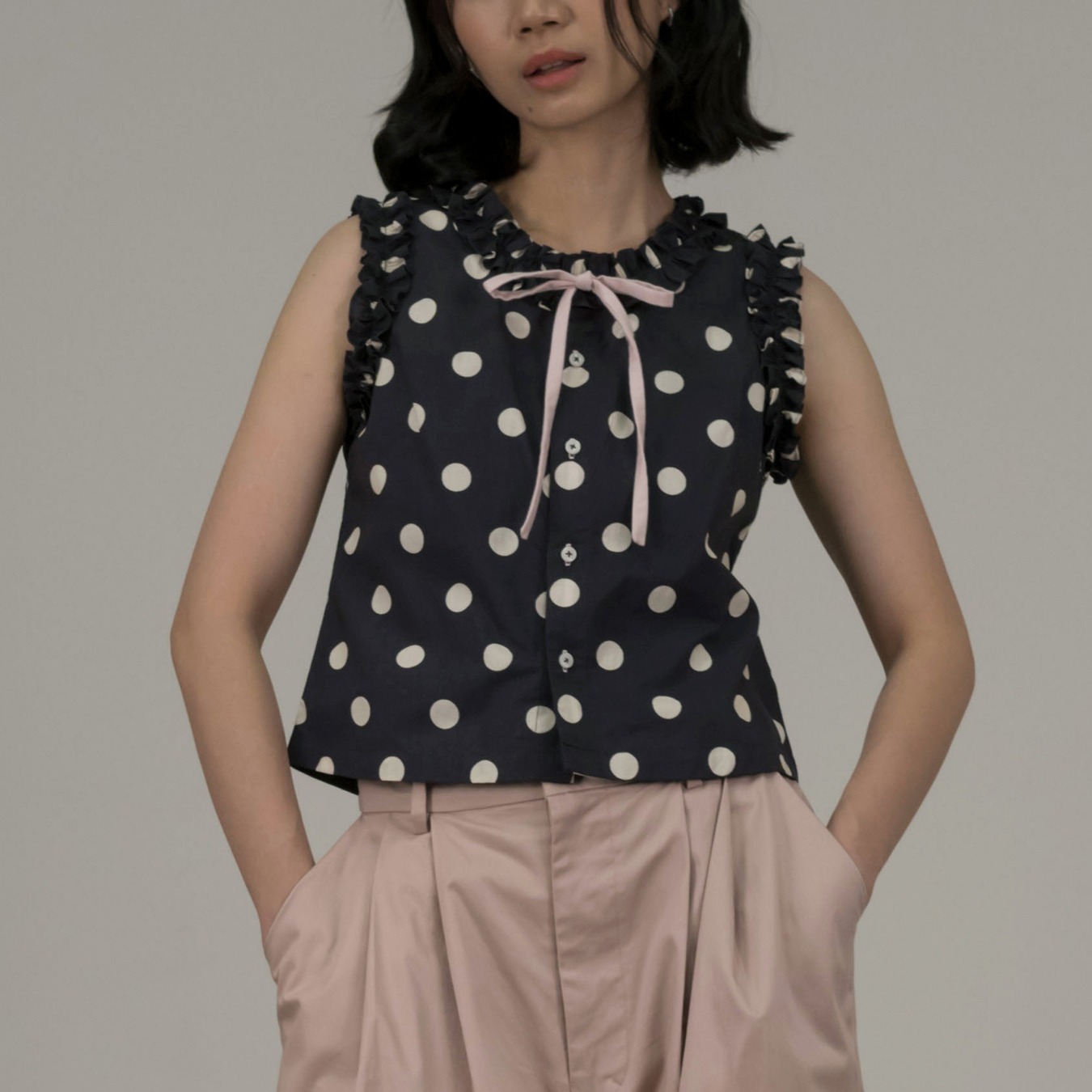 Frill Polkadot Top - Grey