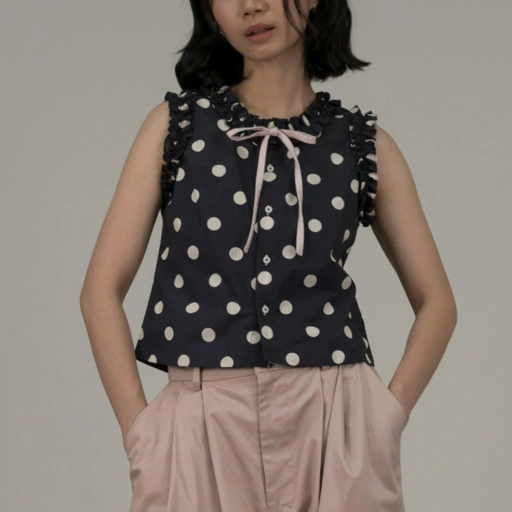 Image of Frill Polkadot Top - Grey