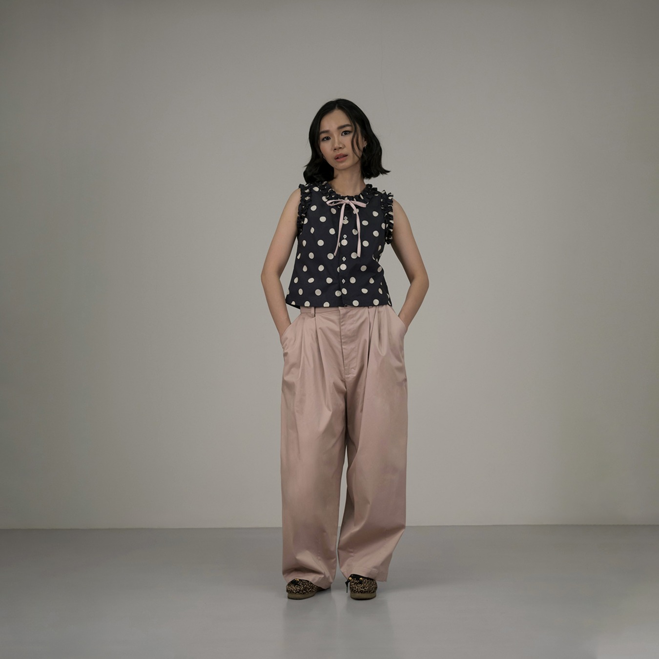 Frill Polkadot Top - Grey