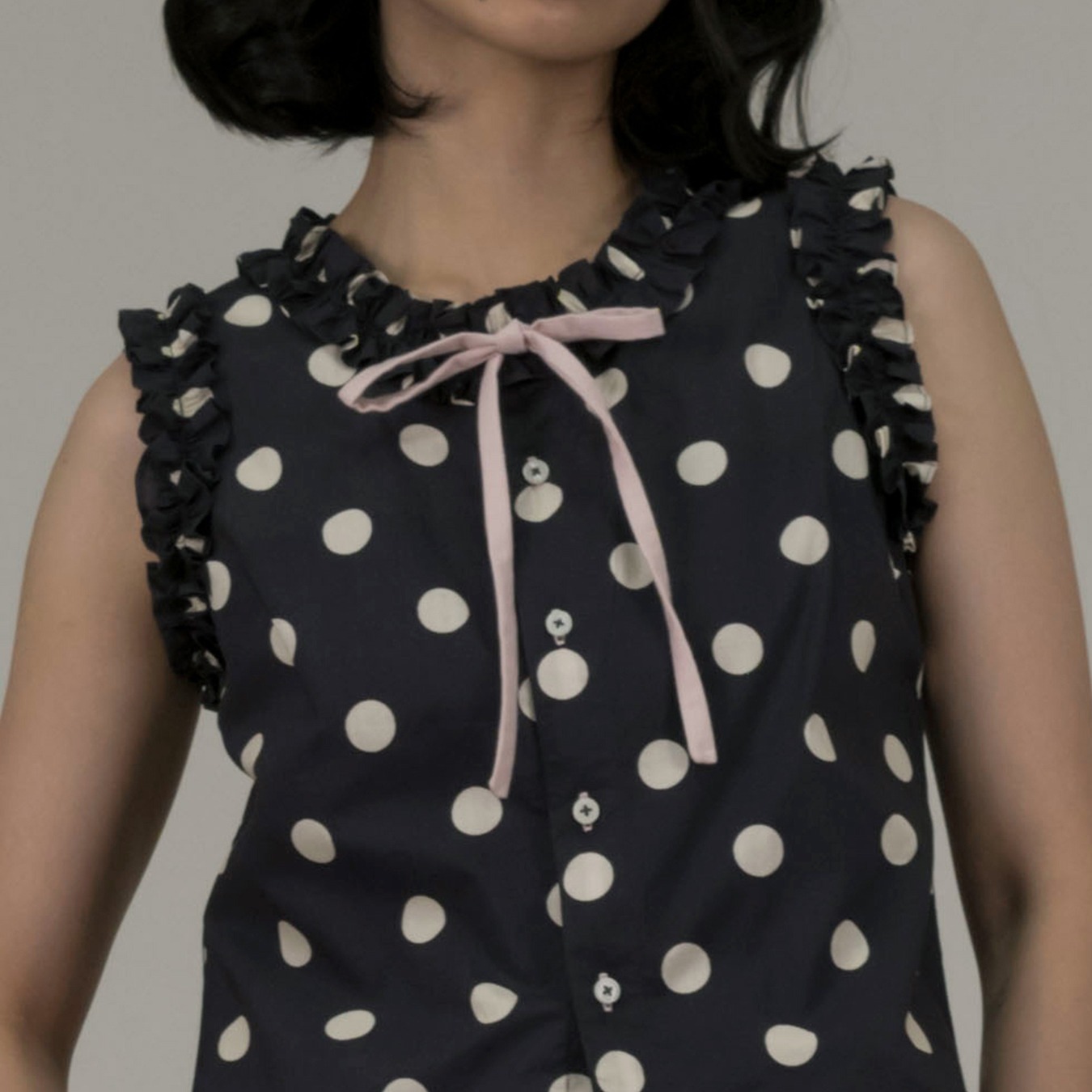 Frill Polkadot Top - Grey