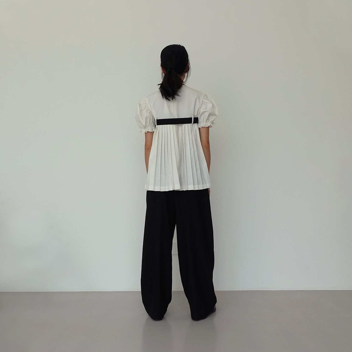 Belted Puff Pleated Top in Beige