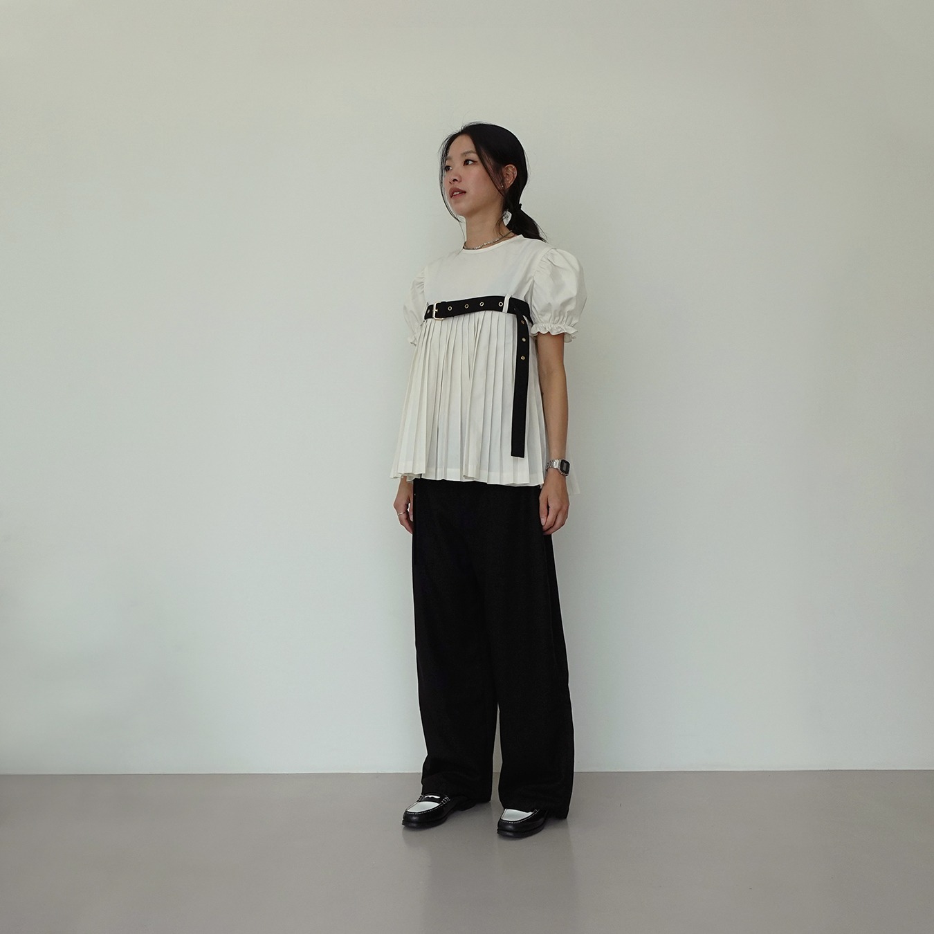 Belted Puff Pleated Top in Beige