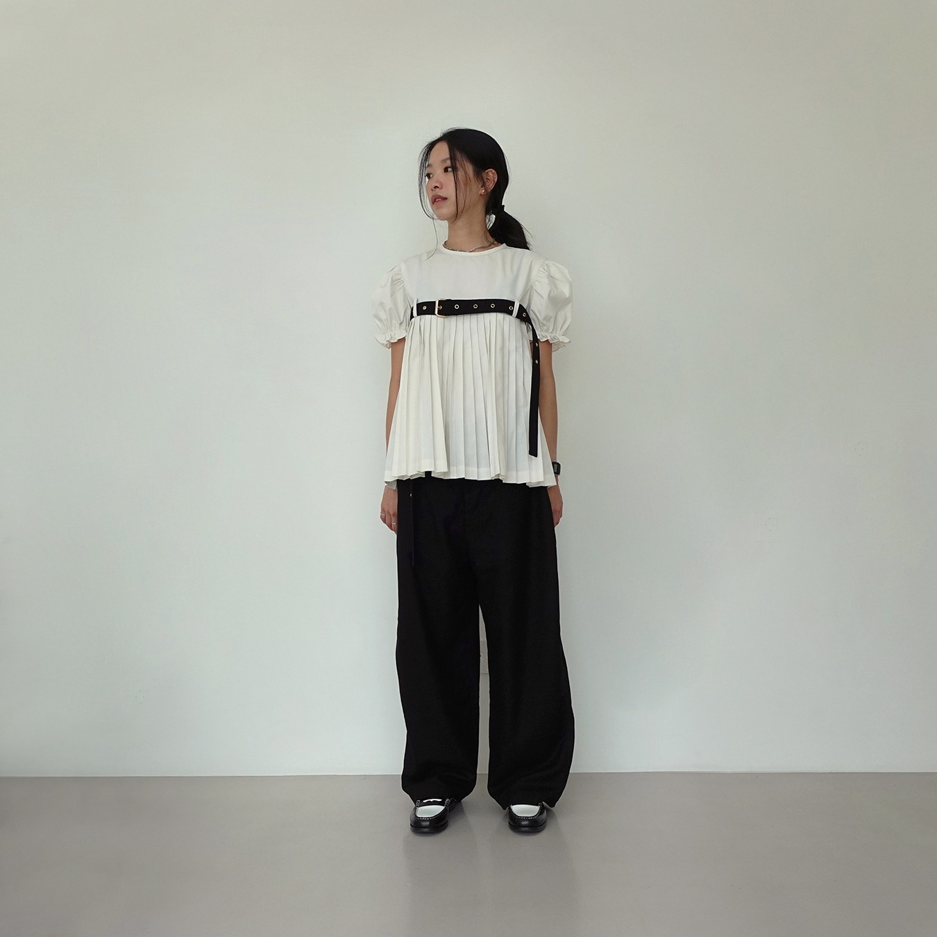 Belted Puff Pleated Top in Beige