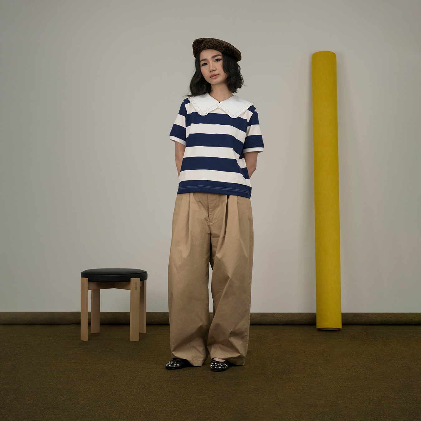 Girl Square Collar Stripes Top in Navy