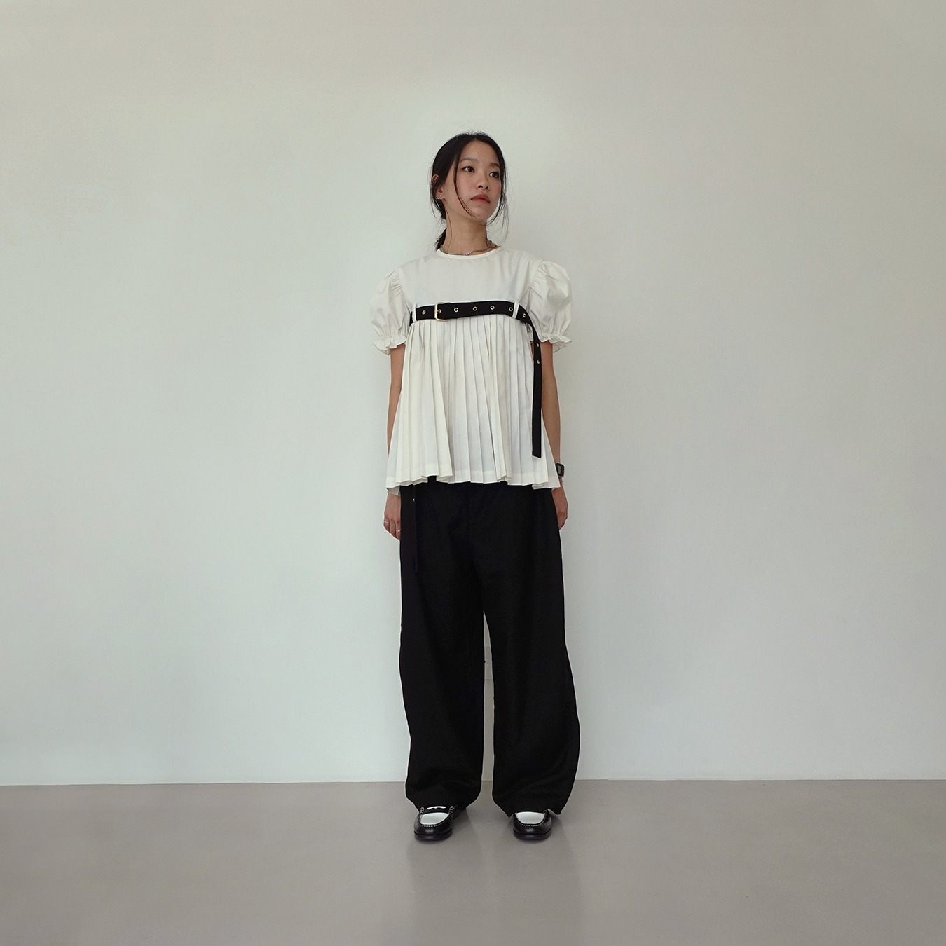 Belted Puff Pleated Top in Beige