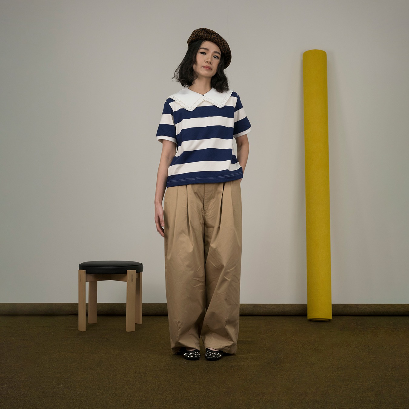 Girl Square Collar Stripes Top in Navy