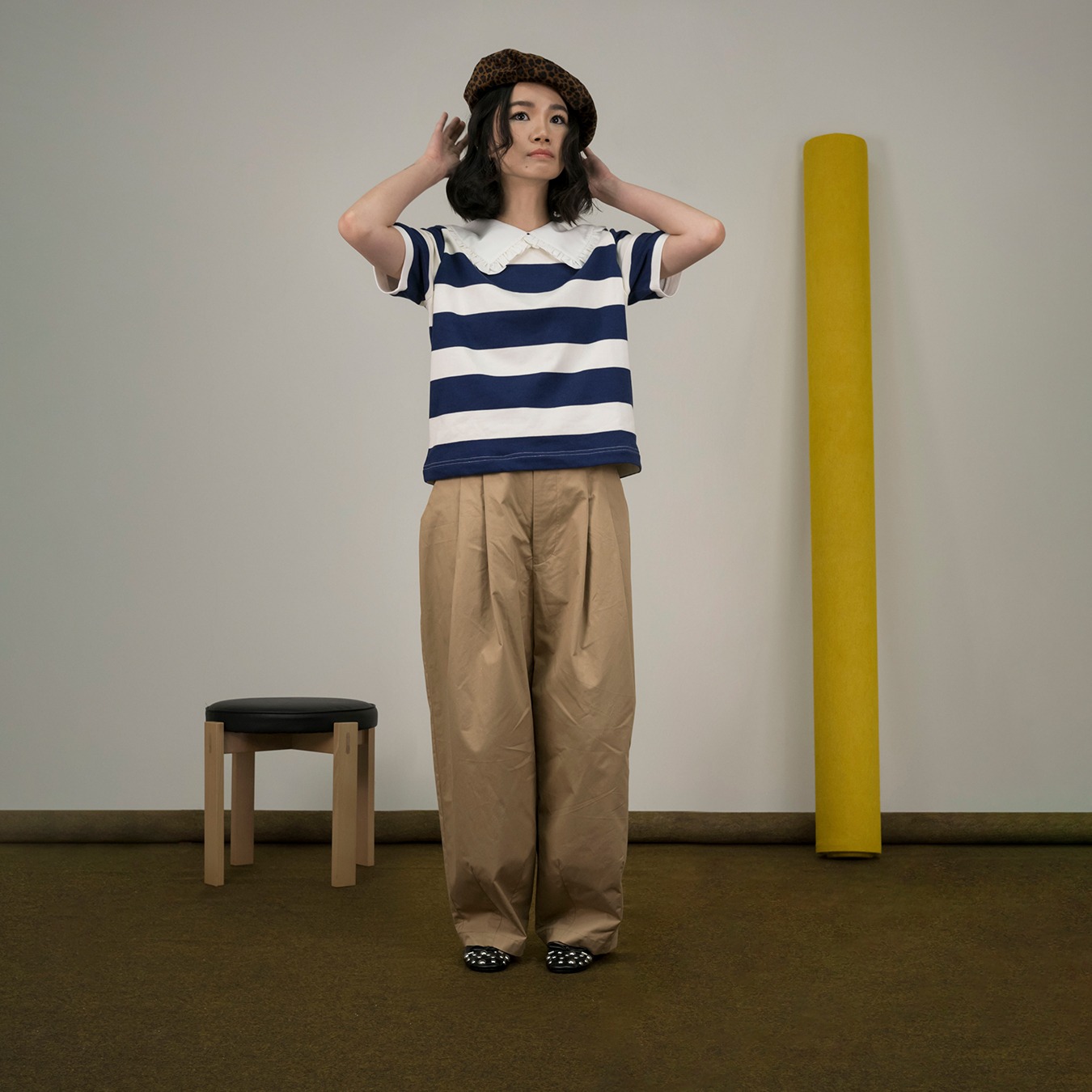 Girl Square Collar Stripes Top in Navy