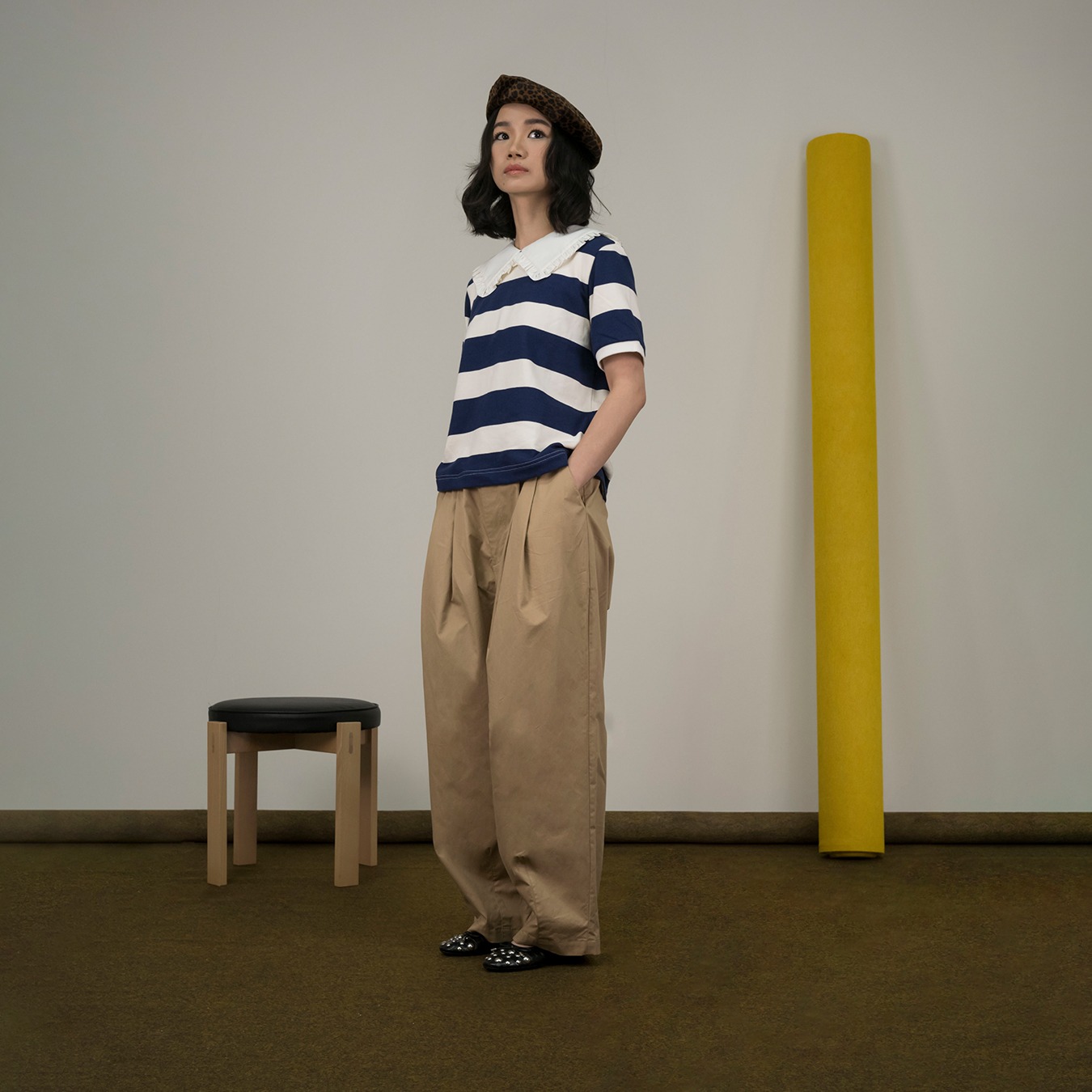 Girl Square Collar Stripes Top in Navy