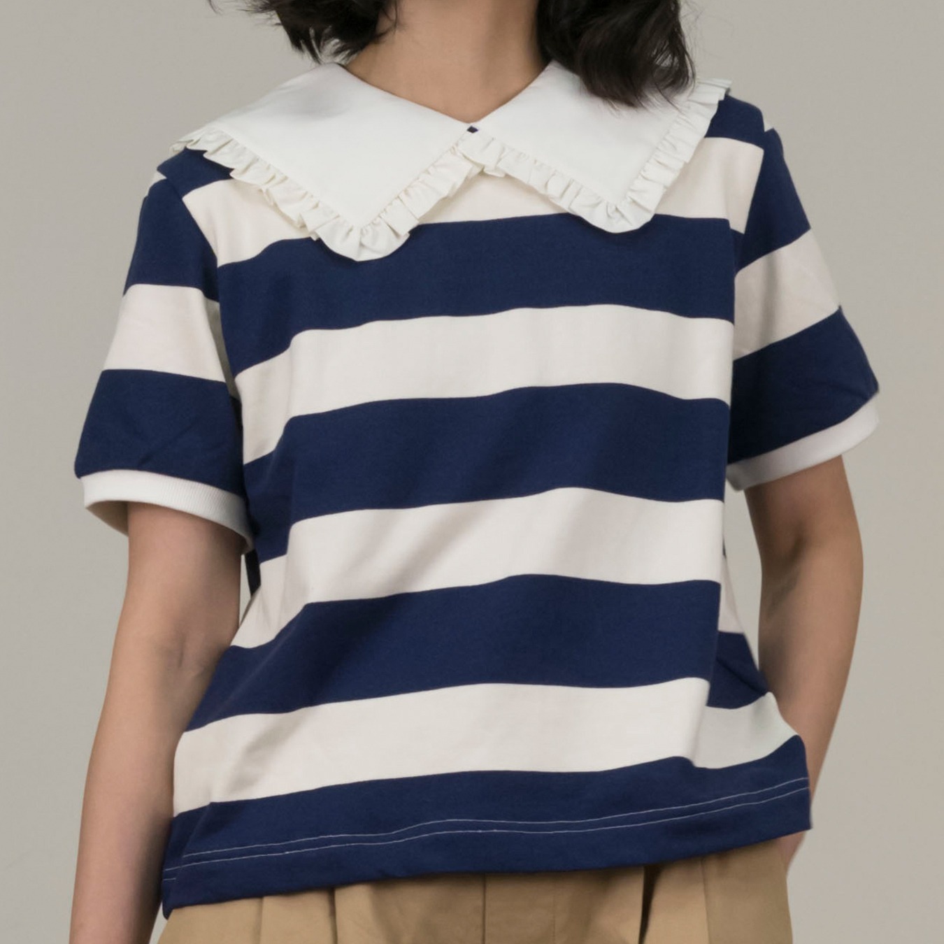 Girl Square Collar Stripes Top in Navy