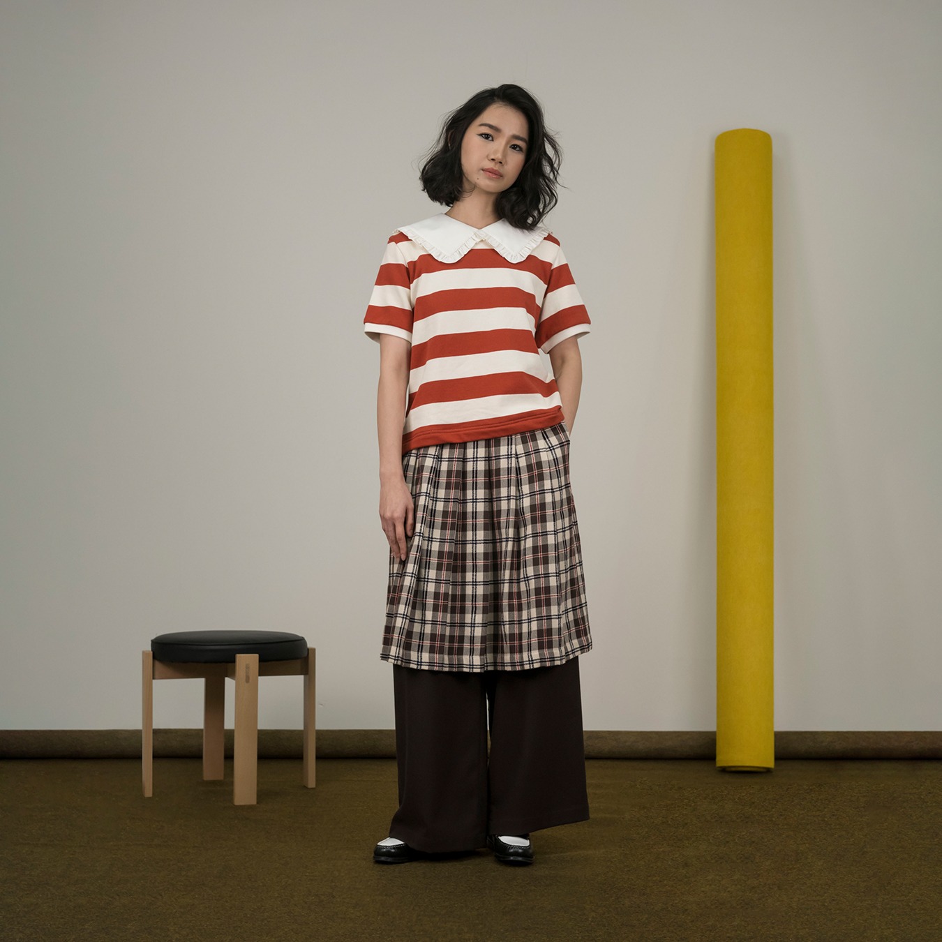 Girl Square Collar Stripes Top in Brick
