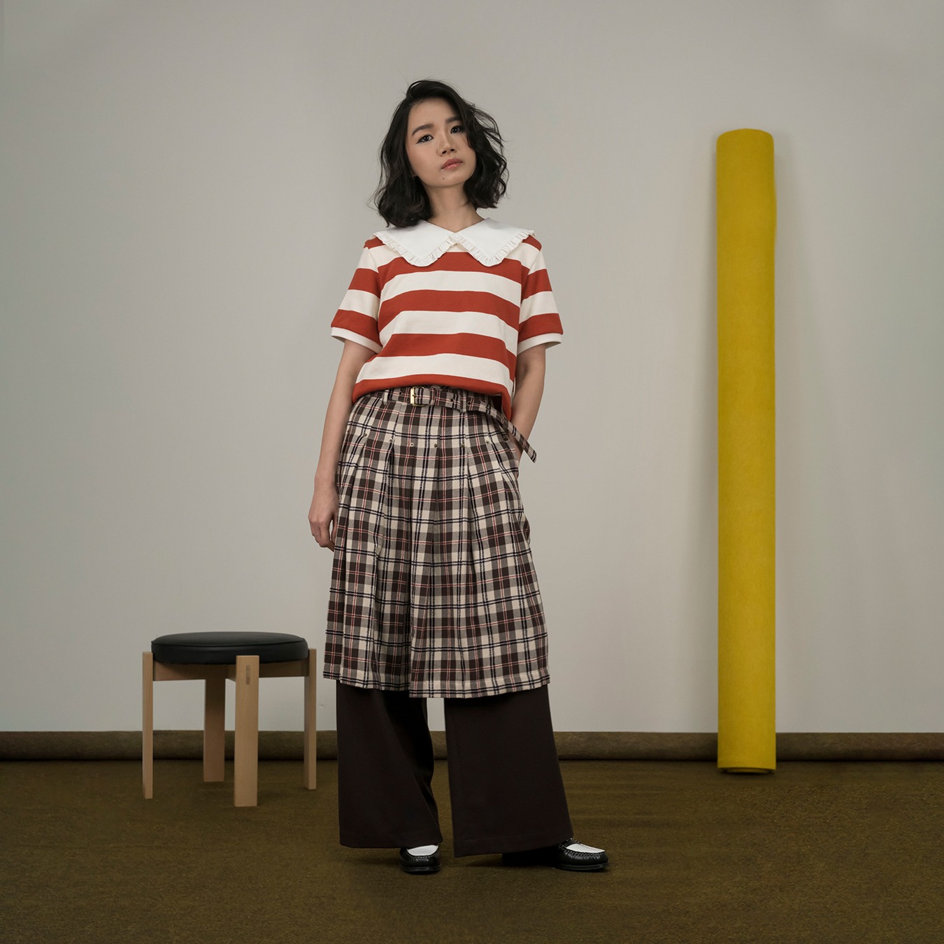 Girl Square Collar Stripes Top in Brick