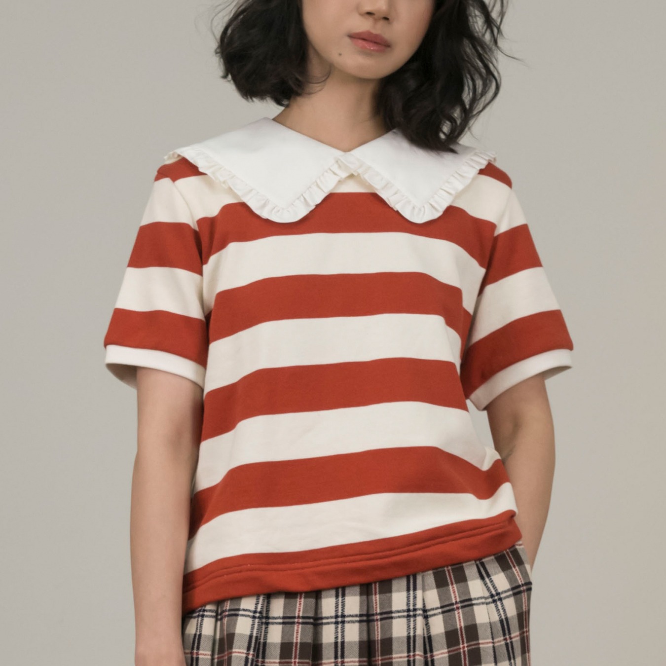 Girl Square Collar Stripes Top in Brick