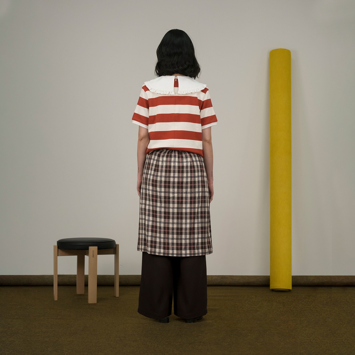 Girl Square Collar Stripes Top in Brick