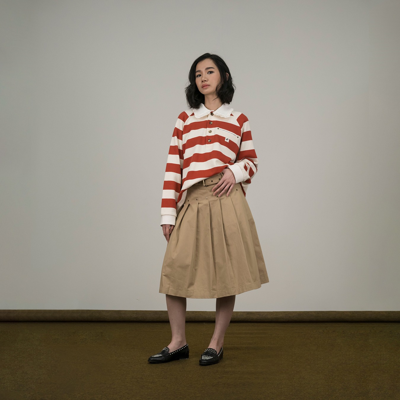 Rivet Belted Skirt in Khaki