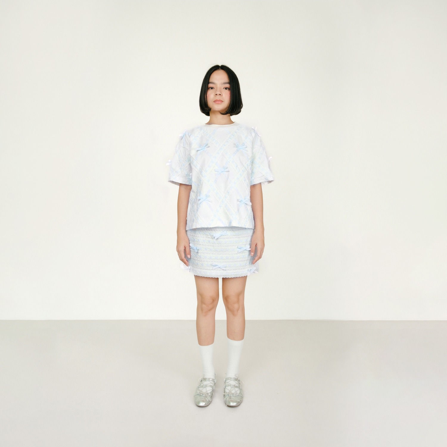 Argyle Broderie Ribbon T-shirt in Blue