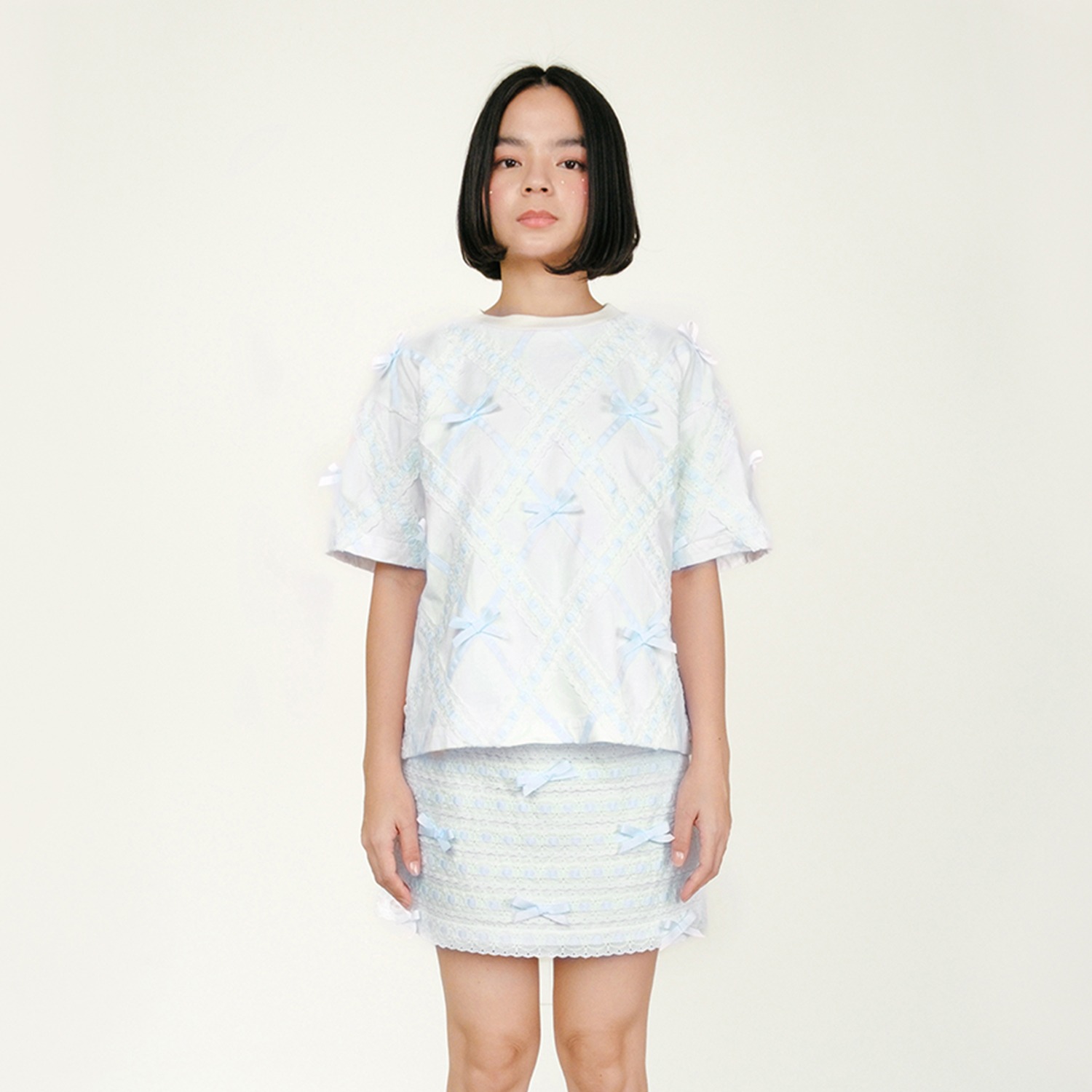 Argyle Broderie Ribbon T-shirt in Blue