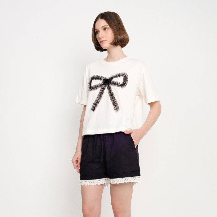Patch Tulle Ribbon Tee in White