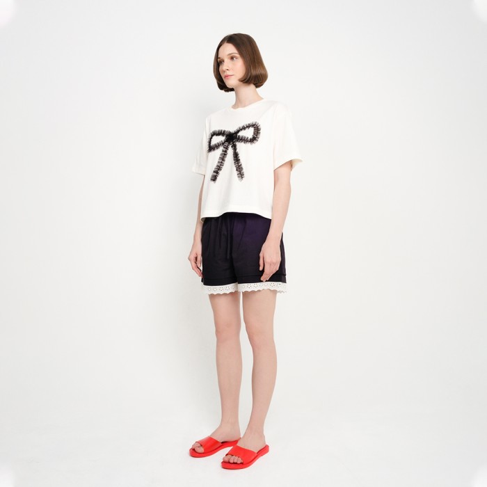 Patch Tulle Ribbon Tee in White