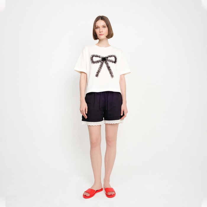 Patch Tulle Ribbon Tee in White