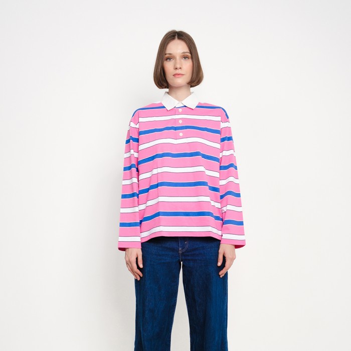 Stripes LS Polo Shirt in Pink