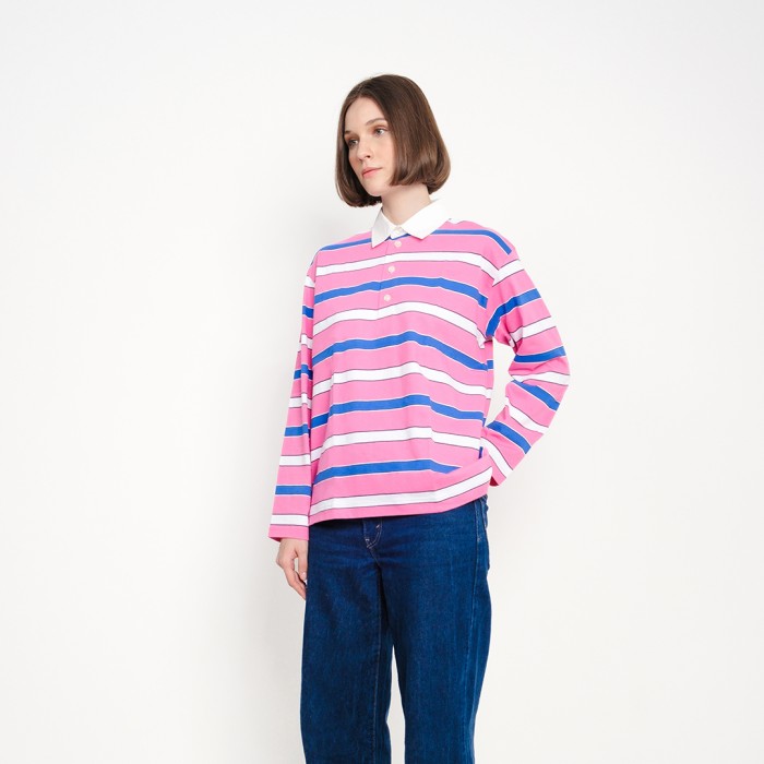 Stripes LS Polo Shirt in Pink
