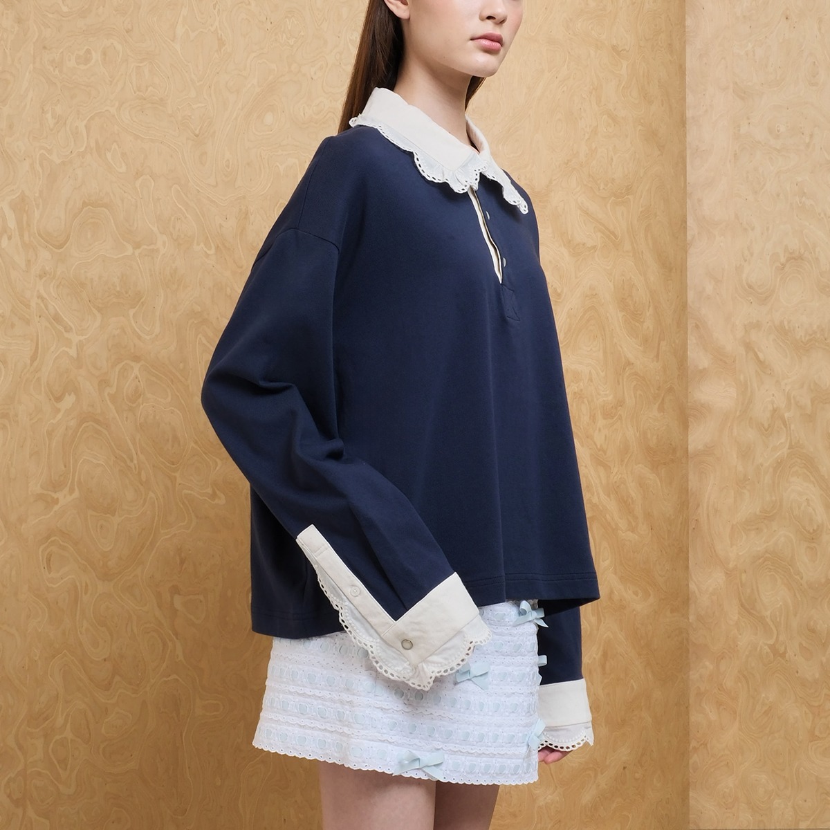Vintage Lace Oversize Polo in Navy