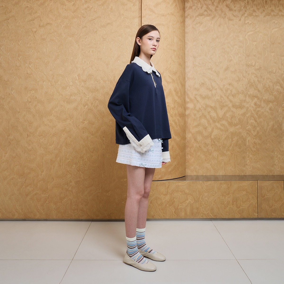 Vintage Lace Oversize Polo in Navy
