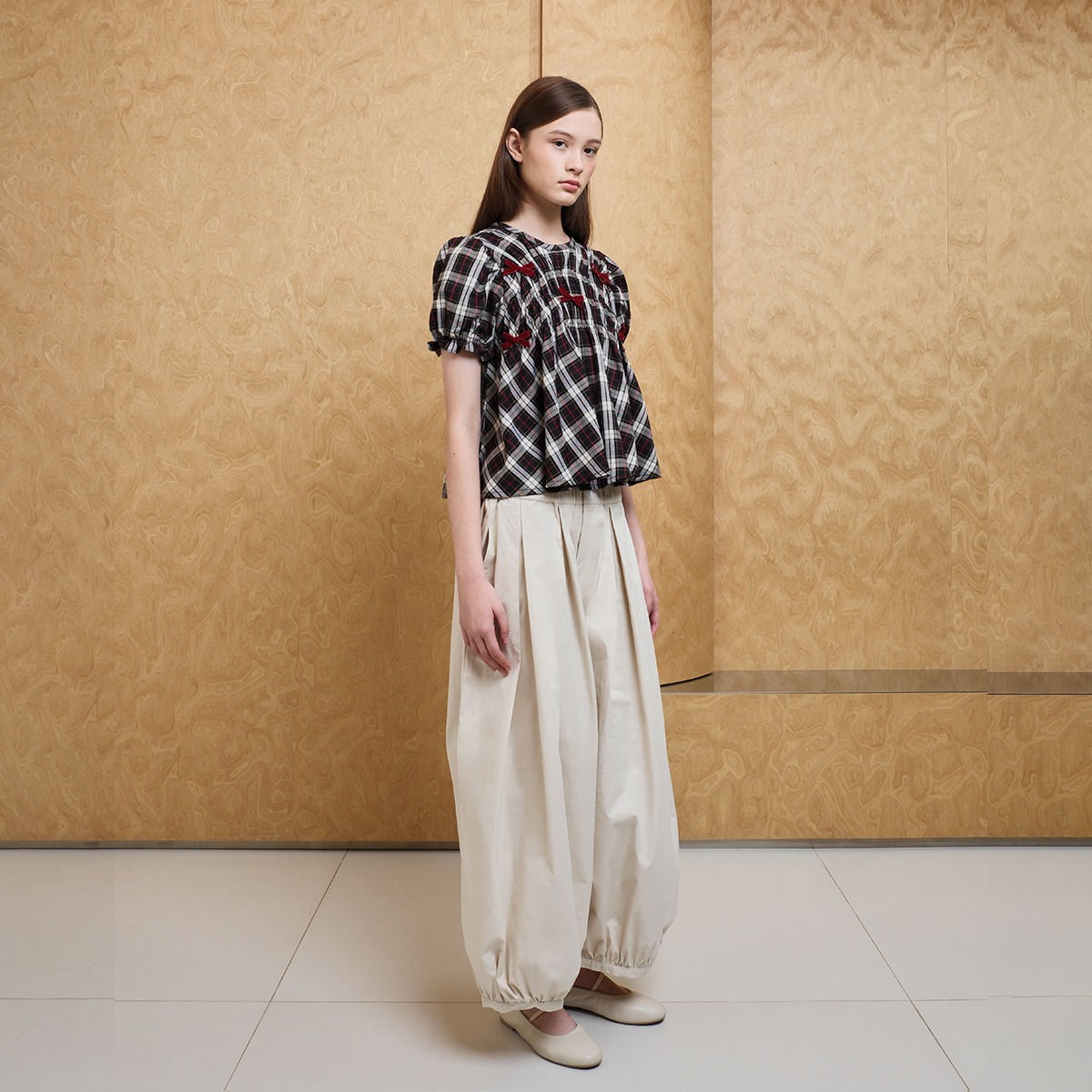 Plaids Ribbon Smock Top - Black