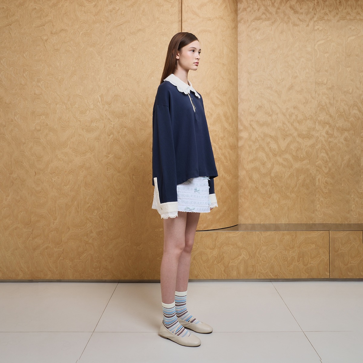 Vintage Lace Oversize Polo in Navy