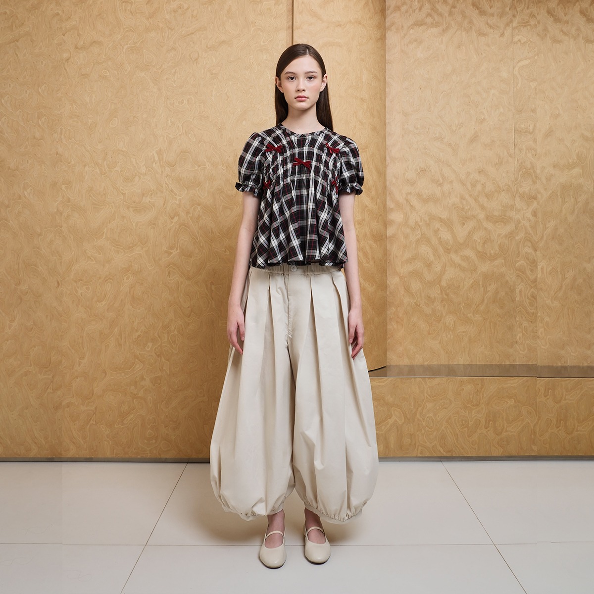 Plaids Ribbon Smock Top - Black