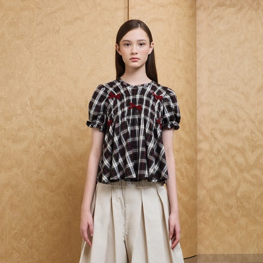 Plaids Ribbon Smock Top -  Black