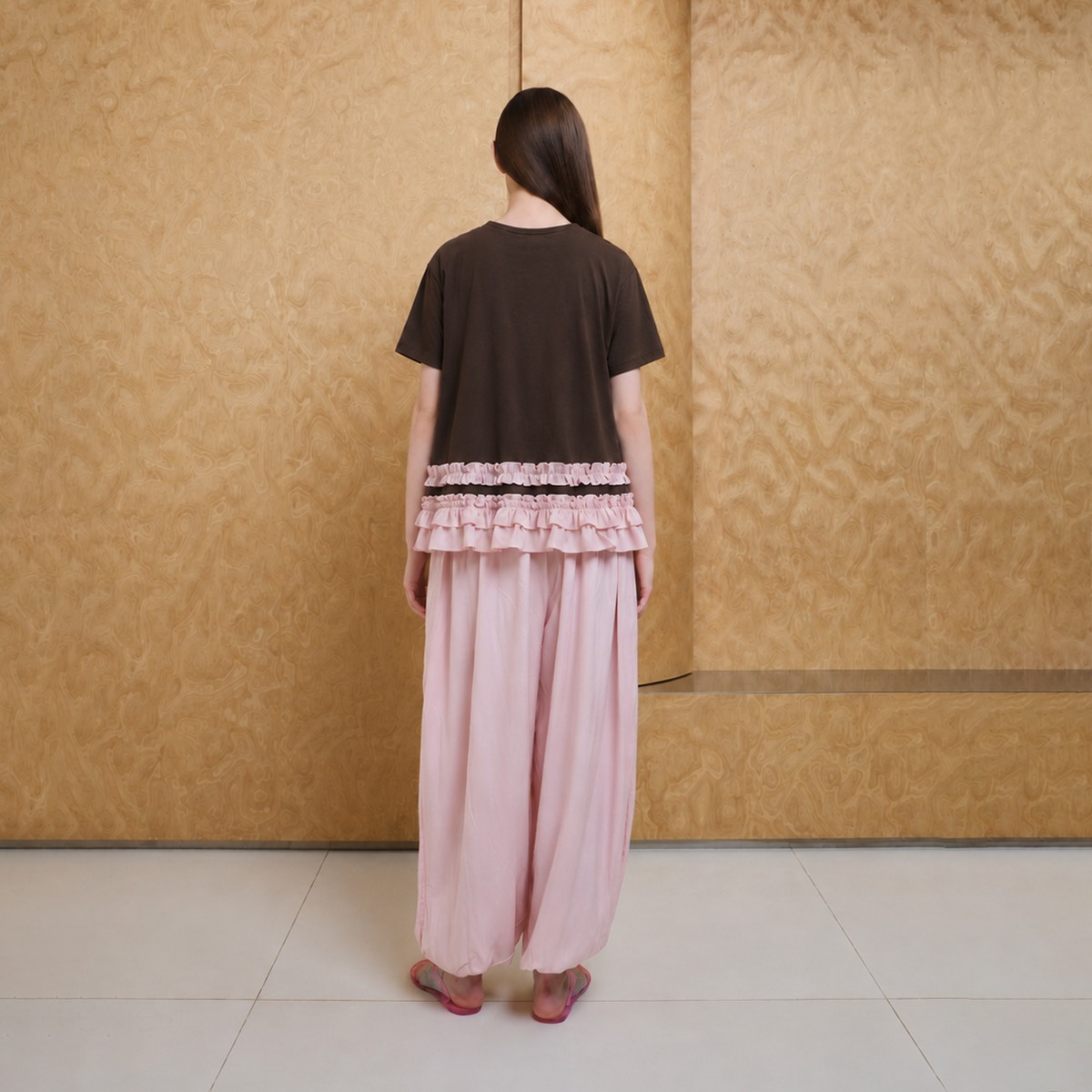 Stacking Frill Tee in Brown