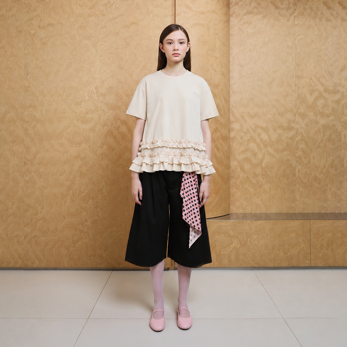 Stacking Frill Tee in Beige