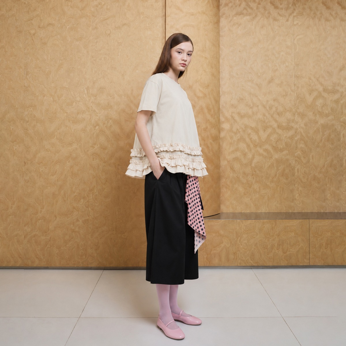 Stacking Frill Tee in Beige