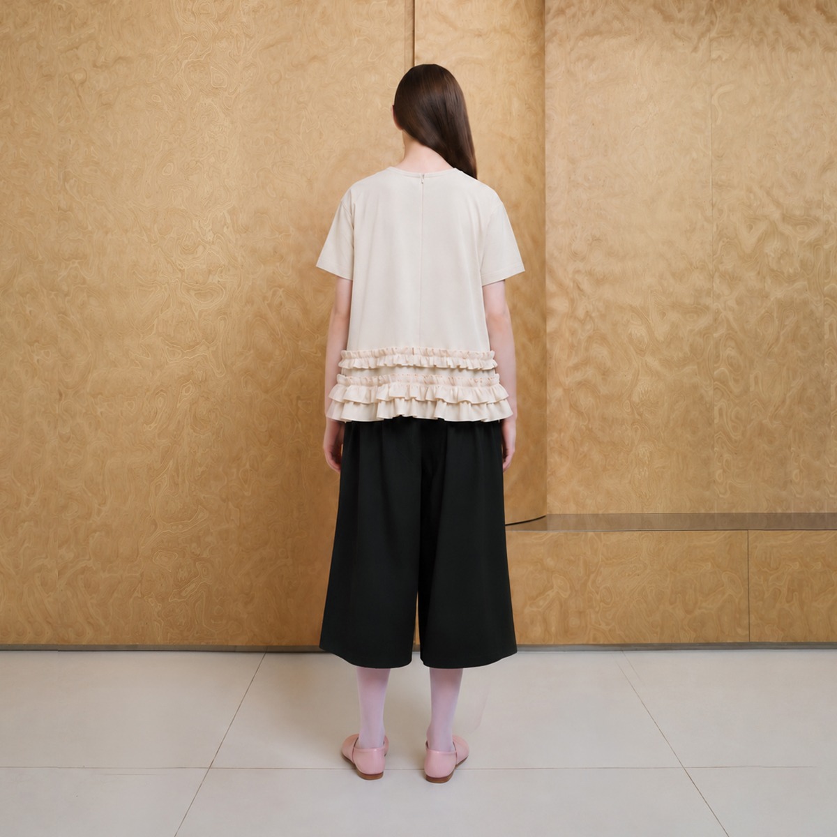 Stacking Frill Tee in Beige