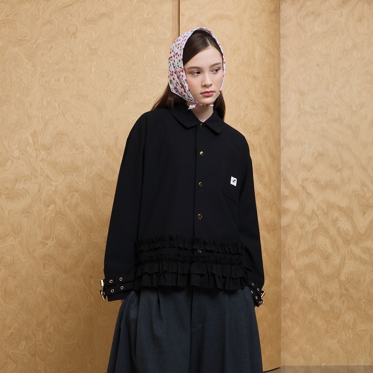 Double Buckle Frill Jacket in Black