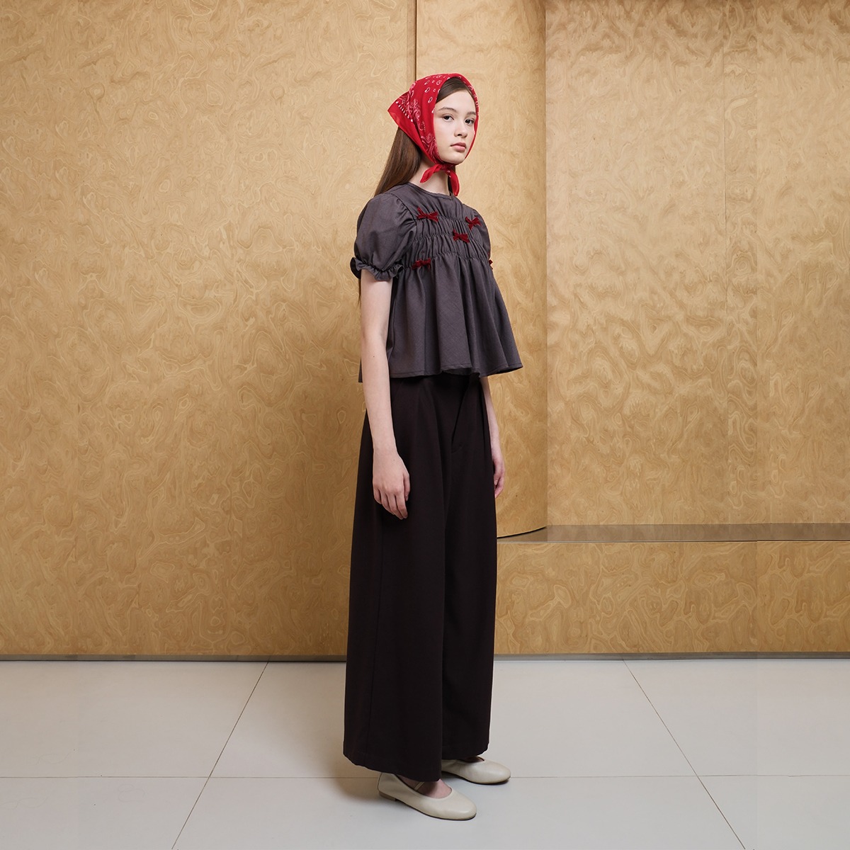 Ribbon Smock Top -  Brown