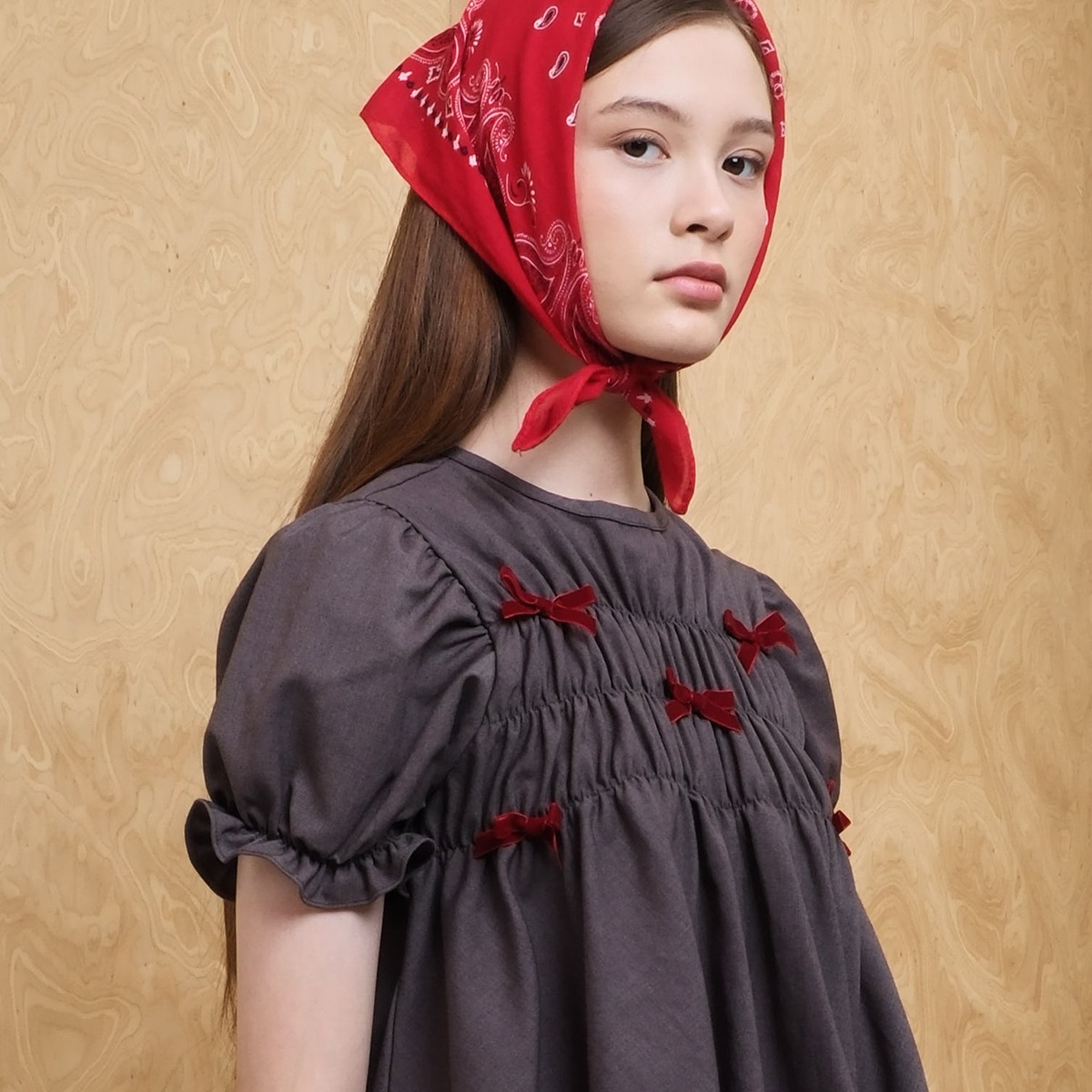 Ribbon Smock Top -  Brown
