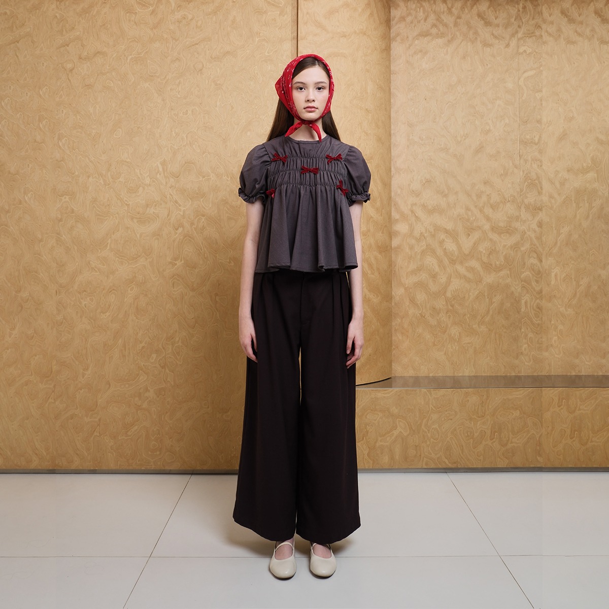 Ribbon Smock Top -  Brown