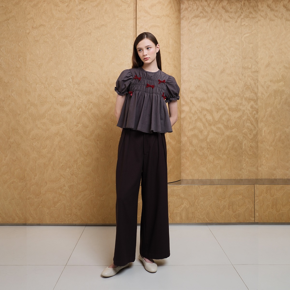 Ribbon Smock Top -  Brown